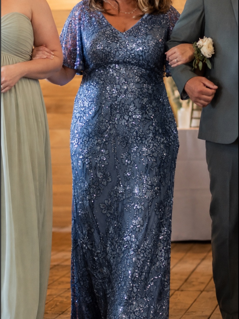 Alex Evenings Sequin Floral Lace Maxi Dress in Slate Blue